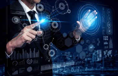 İş Mali Analitik Konsepti için Büyük Veri Teknolojisi. Modern grafik arayüzü ekranda iş satış raporu, kâr tablosu ve hisse senedi eğilimleri analizi hakkında devasa bilgiler gösteriyor.