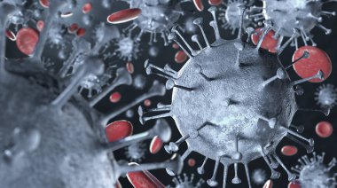 3 boyutlu illüstrasyon Coronavirus COVID-19 virüsü mikroskop altında kan örneği arka planında. Coronavirus Covid-19 salgını pandemik sağlık riskine neden oldu. Corona virüs hücresi 3D görüntüleme ile üretilir.