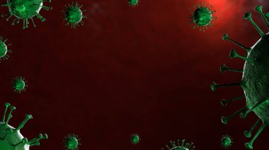 3 boyutlu illüstrasyon Coronavirus COVID-19 virüsü mikroskop altında kan örneği arka planında. Coronavirus Covid-19 salgını pandemik sağlık riskine neden oldu. Corona virüs hücresi 3D görüntüleme ile üretilir.