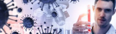 Coronavirus COVID 19 tıbbi test aşısı araştırma ve geliştirme konsepti. COVID-19 için ilaç tedavisi üretmek üzere Coronavirus antikor bilimsel örneklerini inceleyen ve analiz eden bilim insanları.