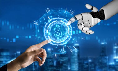 3D Rending gelecekteki robot teknolojisi geliştirme, yapay zeka yapay zeka ve makine öğrenme konsepti. İnsan hayatının geleceği için küresel robot biyonik bilim araştırması.