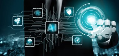 3D Rending gelecekteki robot teknolojisi geliştirme, yapay zeka yapay zeka ve makine öğrenme konsepti. İnsan hayatının geleceği için küresel robot biyonik bilim araştırması.