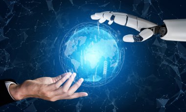 3D Rending gelecekteki robot teknolojisi geliştirme, yapay zeka yapay zeka ve makine öğrenme konsepti. İnsan hayatının geleceği için küresel robot biyonik bilim araştırması.