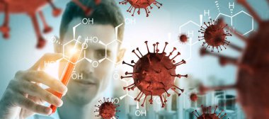 Coronavirus COVID 19 tıbbi test aşısı araştırma ve geliştirme konsepti. COVID-19 için ilaç tedavisi üretmek üzere Coronavirus antikor bilimsel örneklerini inceleyen ve analiz eden bilim insanları.