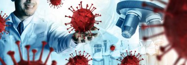 Coronavirus COVID 19 tıbbi test aşısı araştırma ve geliştirme konsepti. COVID-19 için ilaç tedavisi üretmek üzere Coronavirus antikor bilimsel örneklerini inceleyen ve analiz eden bilim insanları.