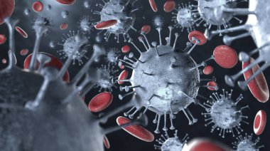 3 boyutlu illüstrasyon Coronavirus COVID-19 virüsü mikroskop altında kan örneği arka planında. Coronavirus Covid-19 salgını pandemik sağlık riskine neden oldu. Corona virüs hücresi 3D görüntüleme ile üretilir.