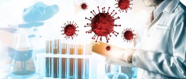 Coronavirus COVID 19 tıbbi test aşısı araştırma ve geliştirme konsepti. COVID-19 için ilaç tedavisi üretmek üzere Coronavirus antikor bilimsel örneklerini inceleyen ve analiz eden bilim insanları.