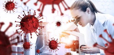 Coronavirus COVID 19 tıbbi test aşısı araştırma ve geliştirme konsepti. COVID-19 için ilaç tedavisi üretmek üzere Coronavirus antikor bilimsel örneklerini inceleyen ve analiz eden bilim insanları.