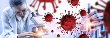 Coronavirus COVID 19 tıbbi test aşısı araştırma ve geliştirme konsepti. COVID-19 için ilaç tedavisi üretmek üzere Coronavirus antikor bilimsel örneklerini inceleyen ve analiz eden bilim insanları.