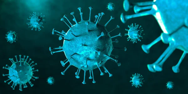 3D illustration Coronavirus COVID-19 virus under microscope in blood sample background. Outbreak of Coronavirus Covid-19 caused pandemic health risk. Corona virus cell is generated by 3D rendering.