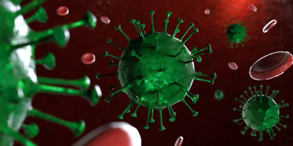 3D illustration Coronavirus COVID-19 virus under microscope in blood sample background. Outbreak of Coronavirus Covid-19 caused pandemic health risk. Corona virus cell is generated by 3D rendering.