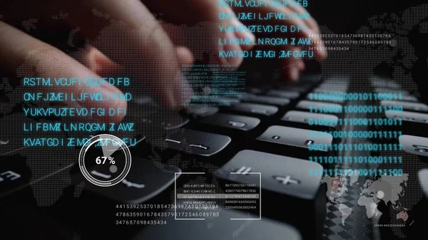 Hombre Trabajando Teclado Computadora Portátil Con Interfaz Gráfica Usuario Holograma —  Fotos de Stock