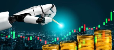 3D Rending gelecekteki robot teknolojisi geliştirme, yapay zeka yapay zeka ve makine öğrenme konsepti. İnsan hayatının geleceği için küresel robot biyonik bilim araştırması.