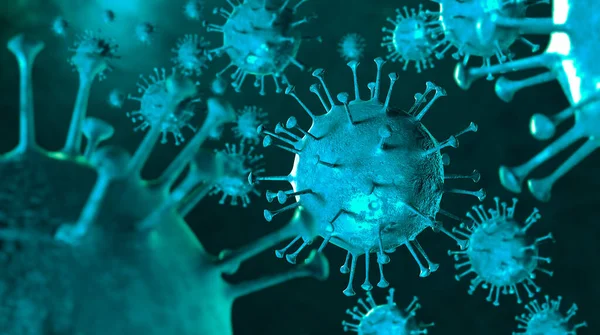 3Dイラスト血液サンプルの背景に顕微鏡下コロナウイルスCovid 19ウイルス コロナウイルスCovid 19の発生はパンデミックの健康上のリスクを引き起こした コロナウイルス細胞は3Dレンダリングによって生成されます — ストック写真