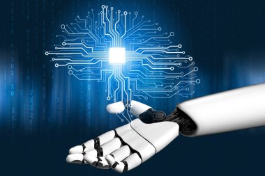 3D Rending gelecekteki robot teknolojisi geliştirme, yapay zeka yapay zeka ve makine öğrenme konsepti. İnsan hayatının geleceği için küresel robot biyonik bilim araştırması.
