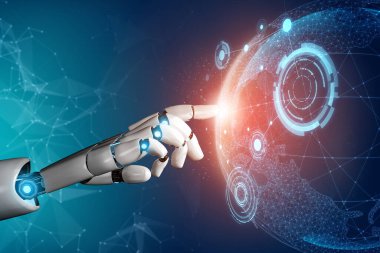 3D Rending gelecekteki robot teknolojisi geliştirme, yapay zeka yapay zeka ve makine öğrenme konsepti. İnsan hayatının geleceği için küresel robot biyonik bilim araştırması.