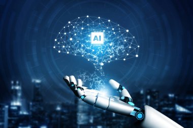 3D Rending gelecekteki robot teknolojisi geliştirme, yapay zeka yapay zeka ve makine öğrenme konsepti. İnsan hayatının geleceği için küresel robot biyonik bilim araştırması.
