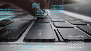 Grafik kullanıcı arayüzü GUI hologramı ile dizüstü bilgisayar klavyesinde çalışan adam büyük veri bilimi teknolojisi, dijital ağ bağlantısı ve bilgisayar programlama algoritması kavramlarını gösteriyor.