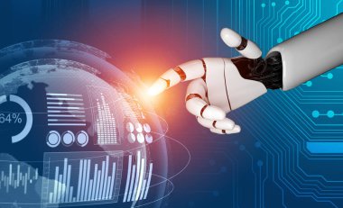 3D Rending gelecekteki robot teknolojisi geliştirme, yapay zeka yapay zeka ve makine öğrenme konsepti. İnsan hayatının geleceği için küresel robot biyonik bilim araştırması.