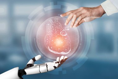 3D tıbbi yapay zeka robotu geleceğin hastanesinde çalışıyor. Hasta ve biyomedikal teknoloji konsepti için gelecekteki protez sağlık hizmetleri.
