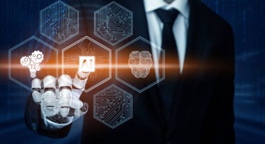 3D Rending gelecekteki robot teknolojisi geliştirme, yapay zeka yapay zeka ve makine öğrenme konsepti. İnsan hayatının geleceği için küresel robot biyonik bilim araştırması.