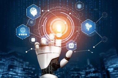 3D Rending gelecekteki robot teknolojisi geliştirme, yapay zeka yapay zeka ve makine öğrenme konsepti. İnsan hayatının geleceği için küresel robot biyonik bilim araştırması.