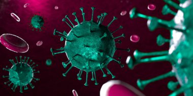 3 boyutlu illüstrasyon Coronavirus COVID-19 virüsü mikroskop altında kan örneği arka planında. Coronavirus Covid-19 salgını pandemik sağlık riskine neden oldu. Corona virüs hücresi 3D görüntüleme ile üretilir.