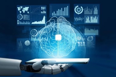 3D Rending gelecekteki robot teknolojisi geliştirme, yapay zeka yapay zeka ve makine öğrenme konsepti. İnsan hayatının geleceği için küresel robot biyonik bilim araştırması.