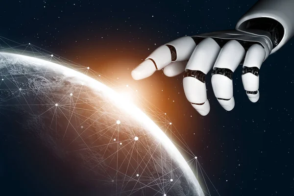 3D Rending gelecekteki robot teknolojisi geliştirme, yapay zeka yapay zeka ve makine öğrenme konsepti. İnsan hayatının geleceği için küresel robot biyonik bilim araştırması.