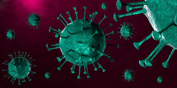 3 boyutlu illüstrasyon Coronavirus COVID-19 virüsü mikroskop altında kan örneği arka planında. Coronavirus Covid-19 salgını pandemik sağlık riskine neden oldu. Corona virüs hücresi 3D görüntüleme ile üretilir.