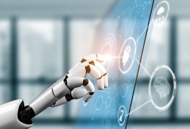 3D Rending gelecekteki robot teknolojisi geliştirme, yapay zeka yapay zeka ve makine öğrenme konsepti. İnsan hayatının geleceği için küresel robot biyonik bilim araştırması.