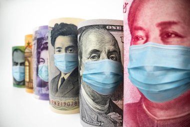 Uluslararası para birimleri arasında ABD Doları, Euro Para Birimi, British UK Pound, Australian Dollar, China Yuan ve Japan Yen Coronavirus hastalığı COVID-19 ekonomik kriz maskesiyle karşı karşıya.