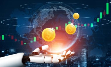 3D Rending gelecekteki robot teknolojisi geliştirme, yapay zeka yapay zeka ve makine öğrenme konsepti. İnsan hayatının geleceği için küresel robot biyonik bilim araştırması.