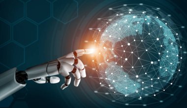 3D Rending gelecekteki robot teknolojisi geliştirme, yapay zeka yapay zeka ve makine öğrenme konsepti. İnsan hayatının geleceği için küresel robot biyonik bilim araştırması.