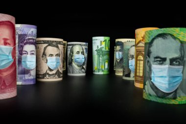 Uluslararası para birimleri arasında ABD Doları, Euro Para Birimi, British UK Pound, Australian Dollar, China Yuan ve Japan Yen Coronavirus hastalığı COVID-19 ekonomik kriz maskesiyle karşı karşıya.