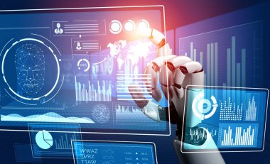 3D Rending gelecekteki robot teknolojisi geliştirme, yapay zeka yapay zeka ve makine öğrenme konsepti. İnsan hayatının geleceği için küresel robot biyonik bilim araştırması.