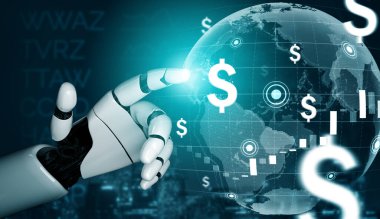 3D Rending gelecekteki robot teknolojisi geliştirme, yapay zeka yapay zeka ve makine öğrenme konsepti. İnsan hayatının geleceği için küresel robot biyonik bilim araştırması.