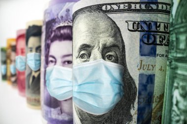 Uluslararası para birimleri arasında ABD Doları, Euro Para Birimi, British UK Pound, Australian Dollar, China Yuan ve Japan Yen Coronavirus hastalığı COVID-19 ekonomik kriz maskesiyle karşı karşıya.