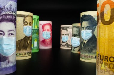 Uluslararası para birimleri arasında ABD Doları, Euro Para Birimi, British UK Pound, Australian Dollar, China Yuan ve Japan Yen Coronavirus hastalığı COVID-19 ekonomik kriz maskesiyle karşı karşıya.