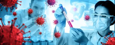 Coronavirus COVID 19 tıbbi test aşısı araştırma ve geliştirme konsepti. COVID-19 için ilaç tedavisi üretmek üzere Coronavirus antikor bilimsel örneklerini inceleyen ve analiz eden bilim insanları.