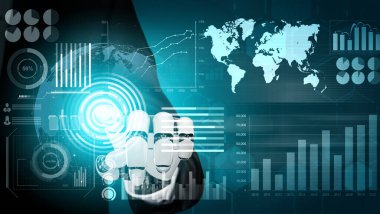 3D Rending gelecekteki robot teknolojisi geliştirme, yapay zeka yapay zeka ve makine öğrenme konsepti. İnsan hayatının geleceği için küresel robot biyonik bilim araştırması.