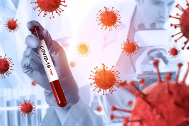 Coronavirus COVID 19 tıbbi test aşısı araştırma ve geliştirme konsepti. COVID-19 için ilaç tedavisi üretmek üzere Coronavirus antikor bilimsel örneklerini inceleyen ve analiz eden bilim insanları.