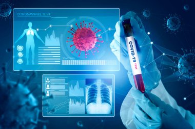 Coronavirus COVID 19 tıbbi test aşısı araştırma ve geliştirme konsepti. COVID-19 için ilaç tedavisi üretmek üzere Coronavirus antikor bilimsel örneklerini inceleyen ve analiz eden bilim insanları.