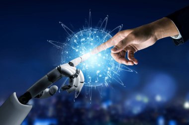 3D Rending gelecekteki robot teknolojisi geliştirme, yapay zeka yapay zeka ve makine öğrenme konsepti. İnsan hayatının geleceği için küresel robot biyonik bilim araştırması.