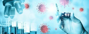 Coronavirus COVID 19 tıbbi test aşısı araştırma ve geliştirme konsepti. COVID-19 için ilaç tedavisi üretmek üzere Coronavirus antikor bilimsel örneklerini inceleyen ve analiz eden bilim insanları.