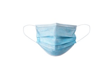 Tıbbi yüz maskesi beyaz arka planda izole edilmiş. Yüz maskesi ve kulak ipinin etrafında kesik izleri var. COVID-19 veya Coronavirus Hastalığı kavramı. Yüz maskesi takarak önleme 2019..