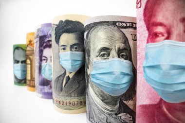 Uluslararası para birimleri arasında ABD Doları, Euro Para Birimi, British UK Pound, Australian Dollar, China Yuan ve Japan Yen Coronavirus hastalığı COVID-19 ekonomik kriz maskesiyle karşı karşıya.