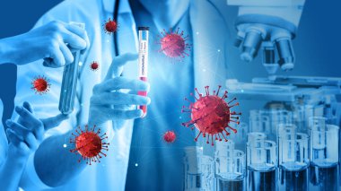 Coronavirus COVID 19 tıbbi test aşısı araştırma ve geliştirme konsepti. COVID-19 için ilaç tedavisi üretmek üzere Coronavirus antikor bilimsel örneklerini inceleyen ve analiz eden bilim insanları.