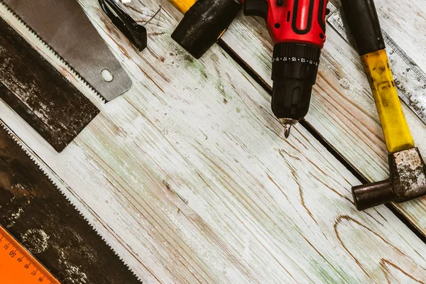 Top View Flat Lay Tools Handyman Carpenter Woodwork Hobby Diy — Stock Photo, Image