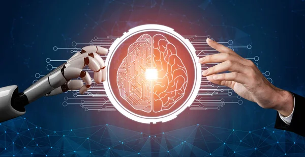 3D Rending gelecekteki robot teknolojisi geliştirme, yapay zeka yapay zeka ve makine öğrenme konsepti. İnsan hayatının geleceği için küresel robot biyonik bilim araştırması.